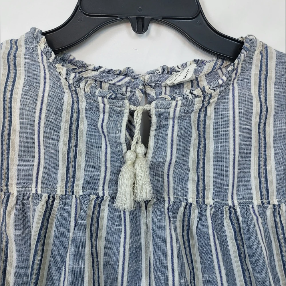 Gap Kids Girls Blue White Chambray Striped Tasseled Tie 3/4 Sleeve Peasant Top M